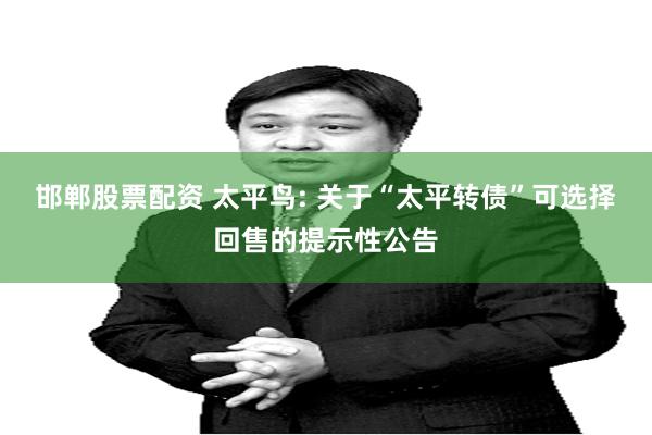 邯郸股票配资 太平鸟: 关于“太平转债”可选择回售的提示性公告